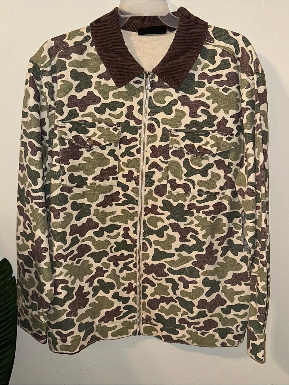 Men's Camo Zip-Front Jacket Brown Corduroy Collar Size Large